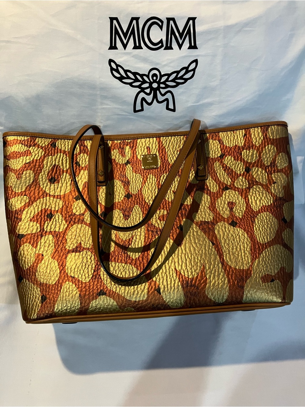MCM Large Gold & Orange Animal-Print Tote Bag